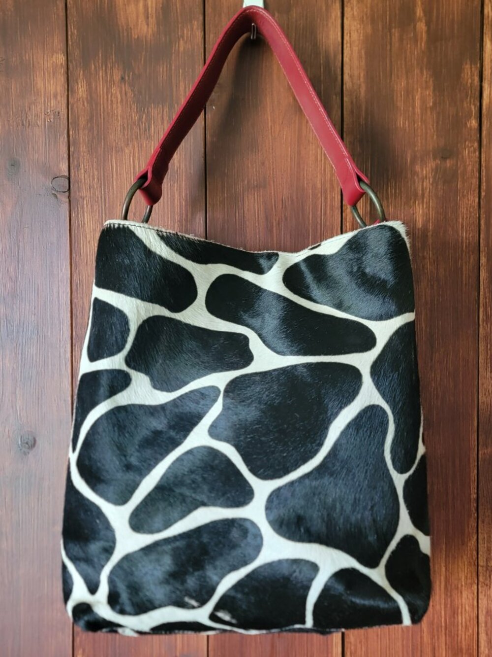 Maurizio Taiuti Italy Cowhide Hair On Hide Leather Shoulder Bag Red Animal Print - Picture 7 of 14